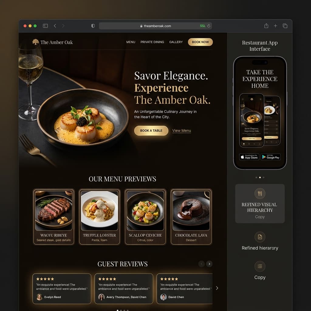 Restaurante Premium: ejemplo visual de Reservas y venta directa creado para mejorar +31% ticket medio